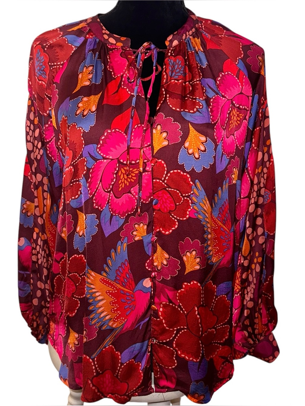 Philosophy Size Small Split Neck Satin Blouse Red Purple Print Balloon Sleeves